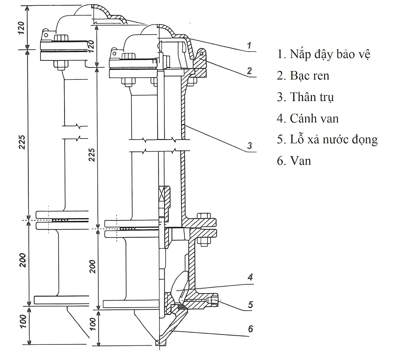 Tổng kích thước trụ chữa cháy chìm theo quy định TCVN 6379:1998