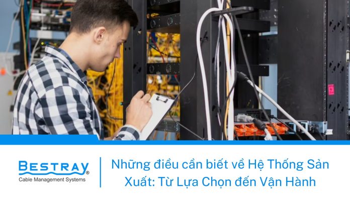 Hình ảnh người đàn ông đang lắp đặt hệ thống máng cáp